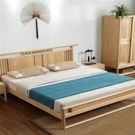 新中式白蜡木胡桃木实木床 现代简约主卧双人婚床1.8米1.5轻奢家具 可定做