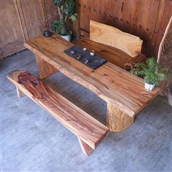 原木整板实木桌茶公书桌一体香樟木家具新中式 桌椅组合 可定做